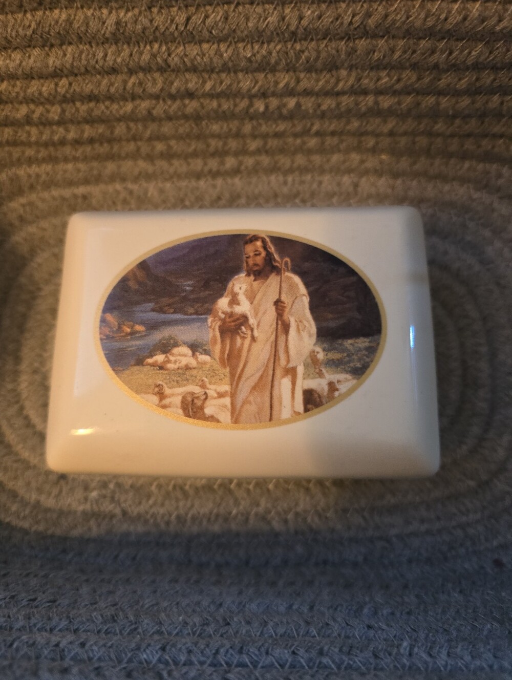 Vintage Porcelain Trinket Box  Jesus The Good Shepherd  Religious Christian gift